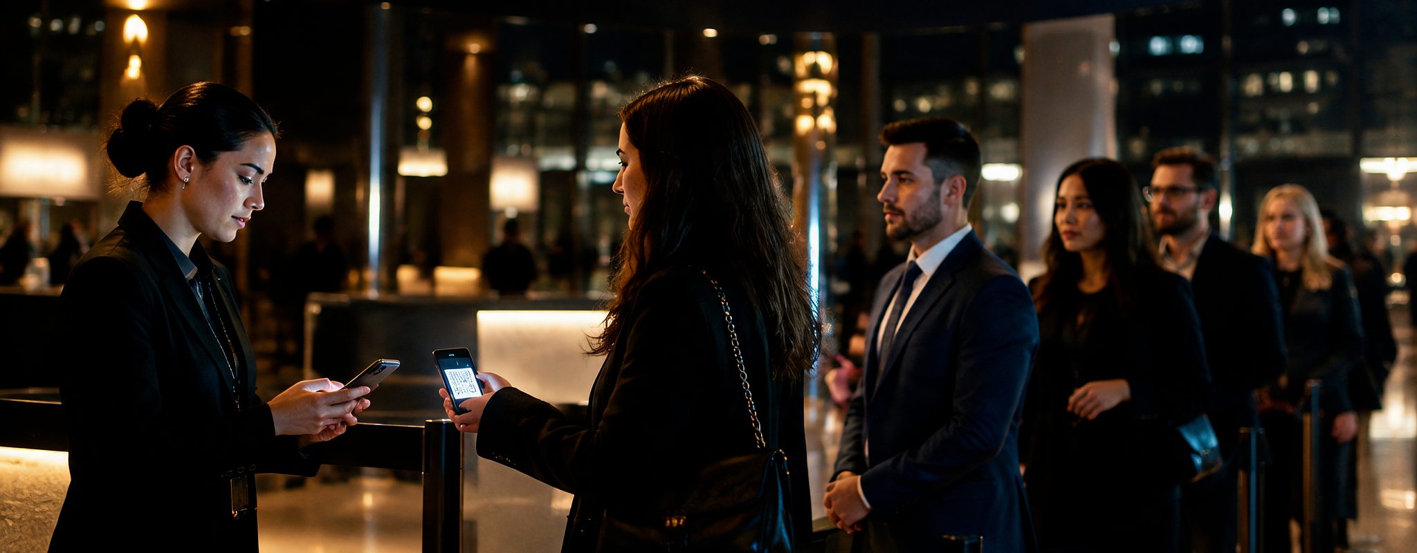 Entrance staff scanning, with her own phone, the QR code a guest is showing on her screen, with the line of guests behind