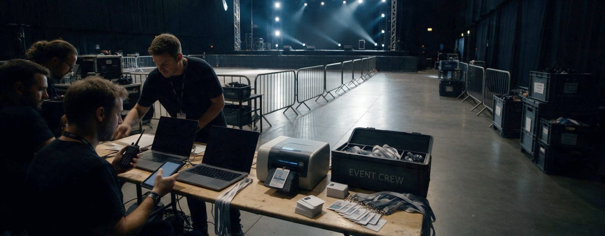 El equipo de producción trabajando en la mesa de acreditación antes de abrir puertas, con la impresora de gafetes y el escenario iluminado al fondo