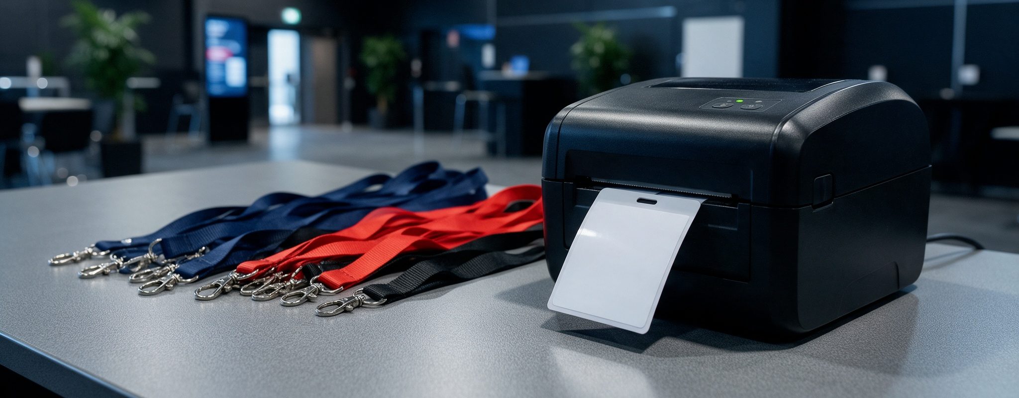 Un gafete en blanco saliendo de una impresora térmica, junto a lanyards azules, rojos y negros sobre el mostrador de acreditación