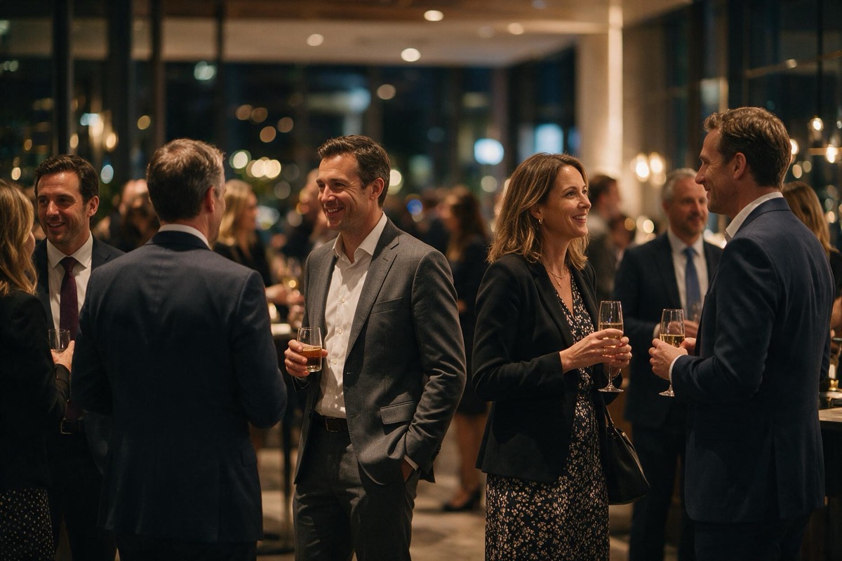 Profesionales conversando en un evento corporativo de noche