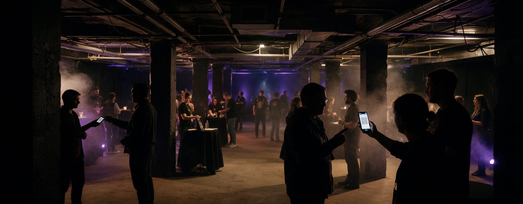 Personal de un evento escaneando el código QR del teléfono de un invitado en un salón oscuro