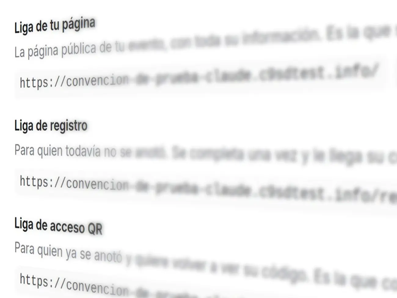 Las ligas del evento en el panel del organizador: página, registro y acceso QR