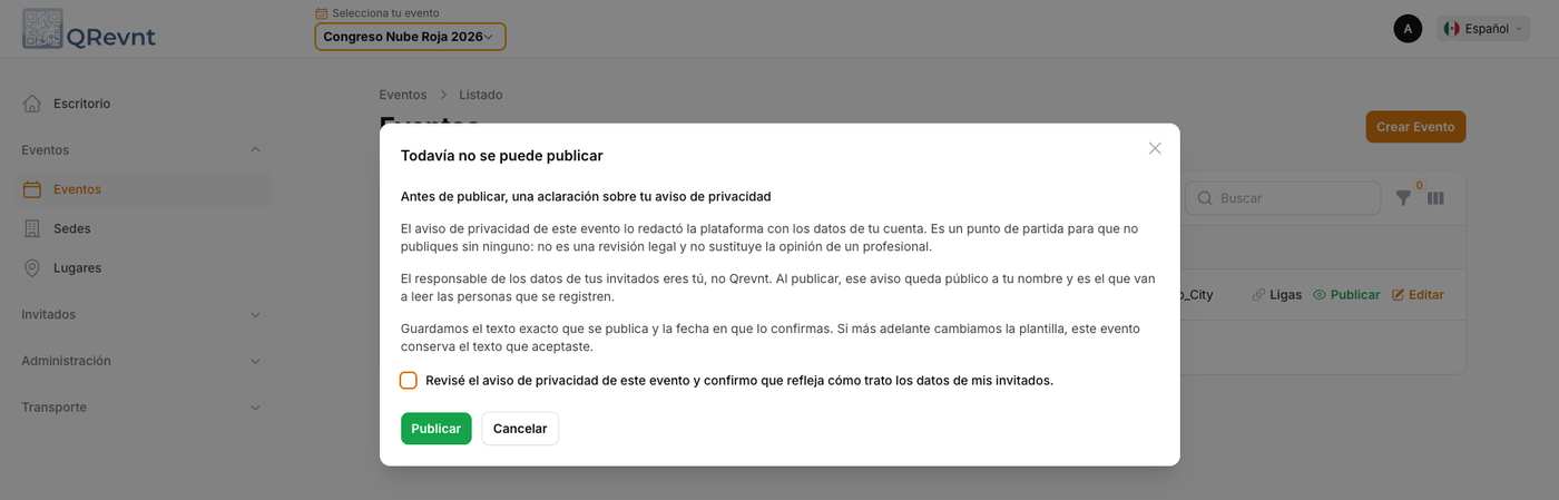 La confirmación del aviso de privacidad, antes de publicar
